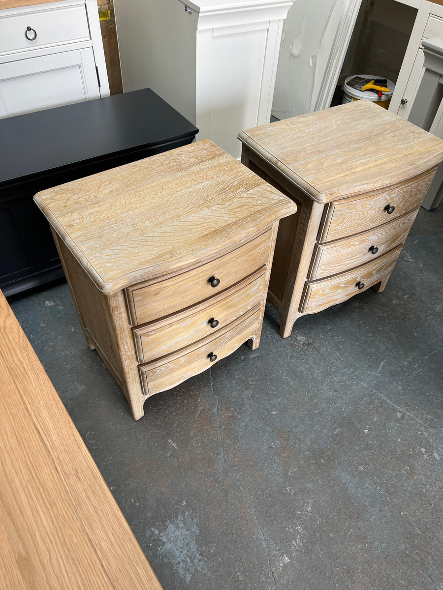 set of 2 Camille Limewash Oak 3 Drawer Bedside Tables Quality
