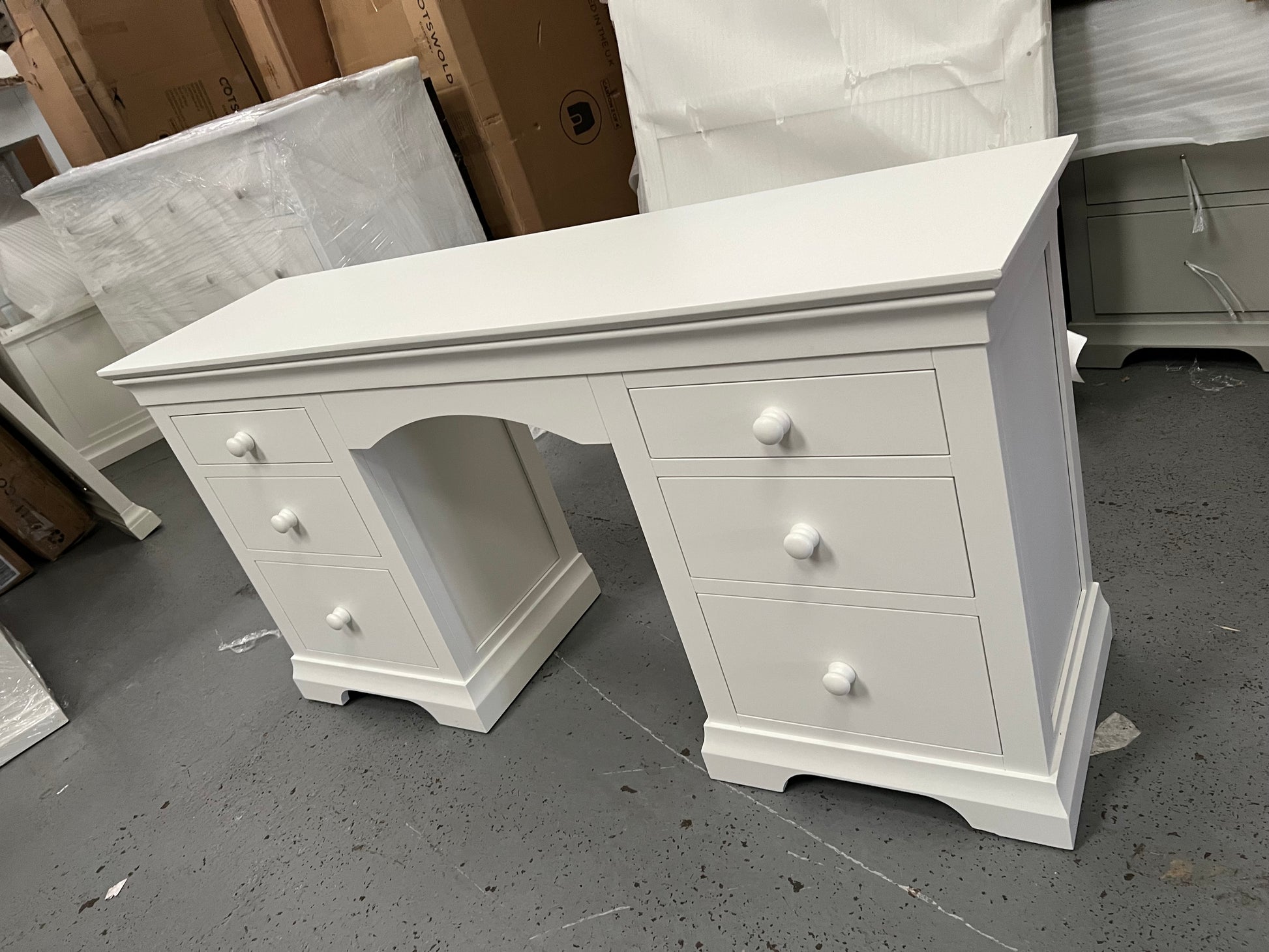 Chantilly Warm White Double Pedestal Dressing Table. furniture delivered