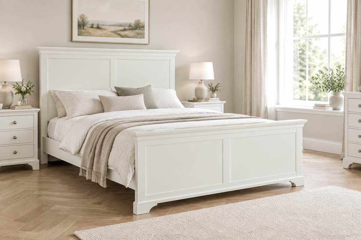 Chantilly Warm White 5ft Kingsize Bed in a bedroom setting