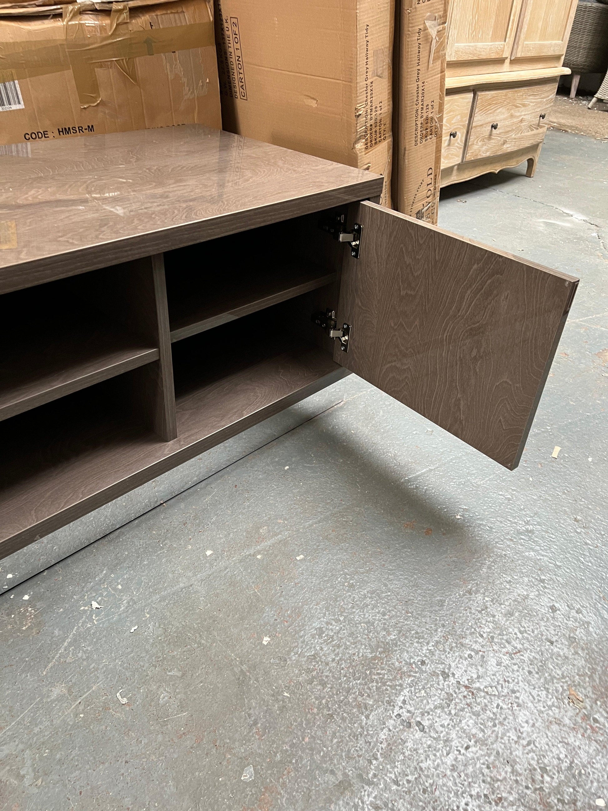 Platinum Italian High Gloss Slim tv cabinet by Modum Quality Furniture Clearance Ltd