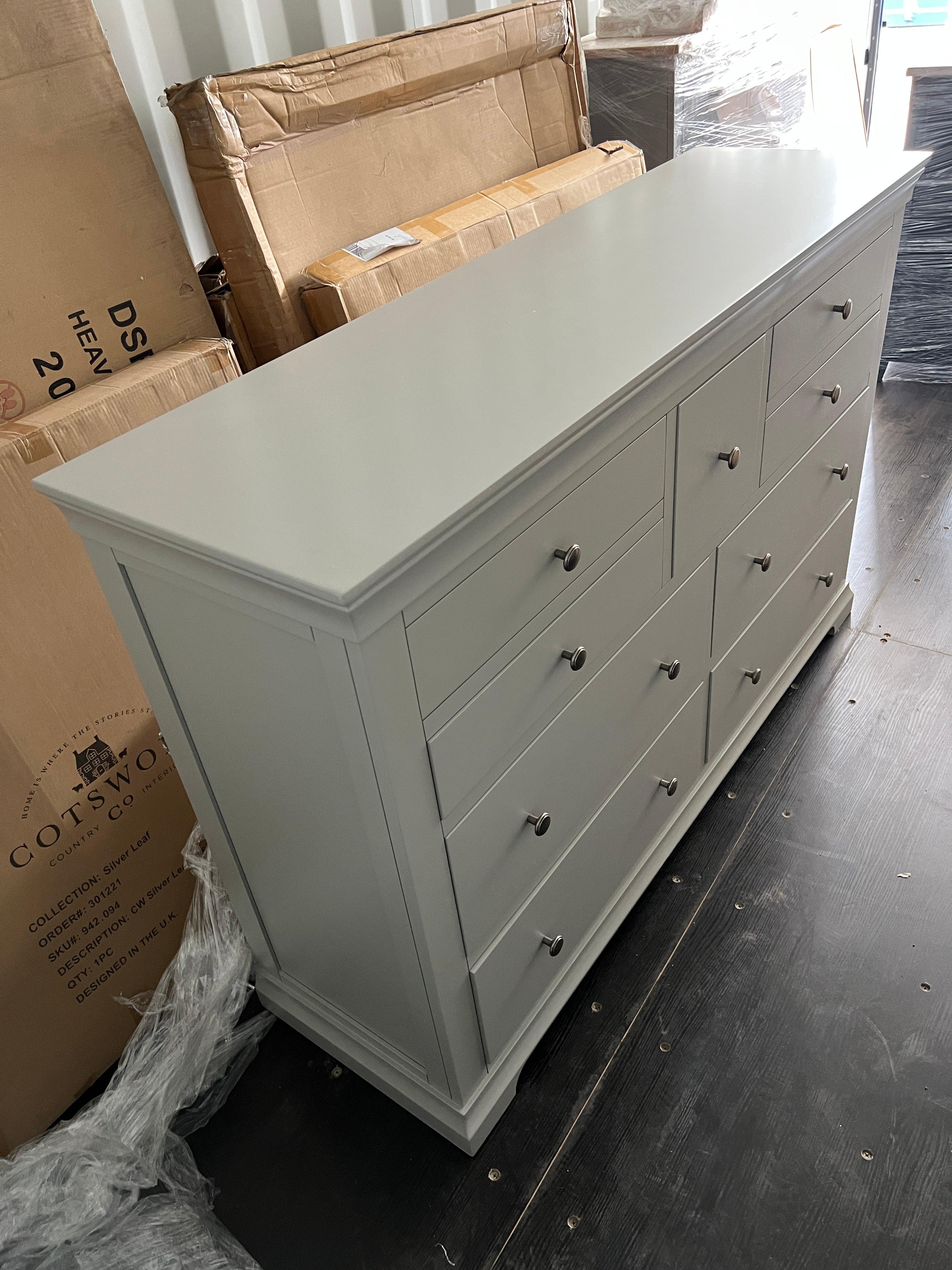 Chantilly Pebble Grey Wide 9 Drawer Chest. furniture delivered