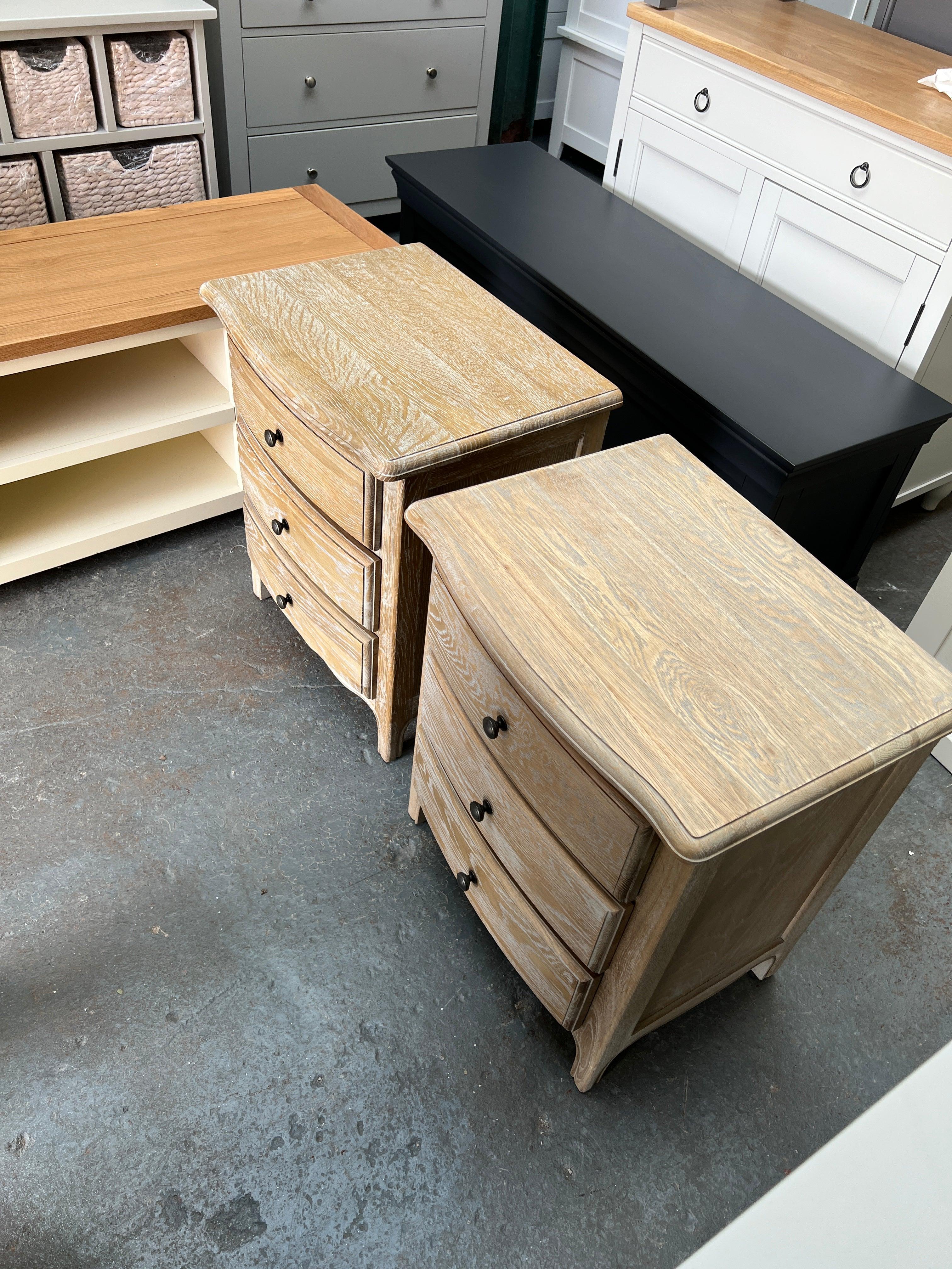 set of 2 Camille Limewash Oak 3 Drawer Bedside Tables furniture delivered 