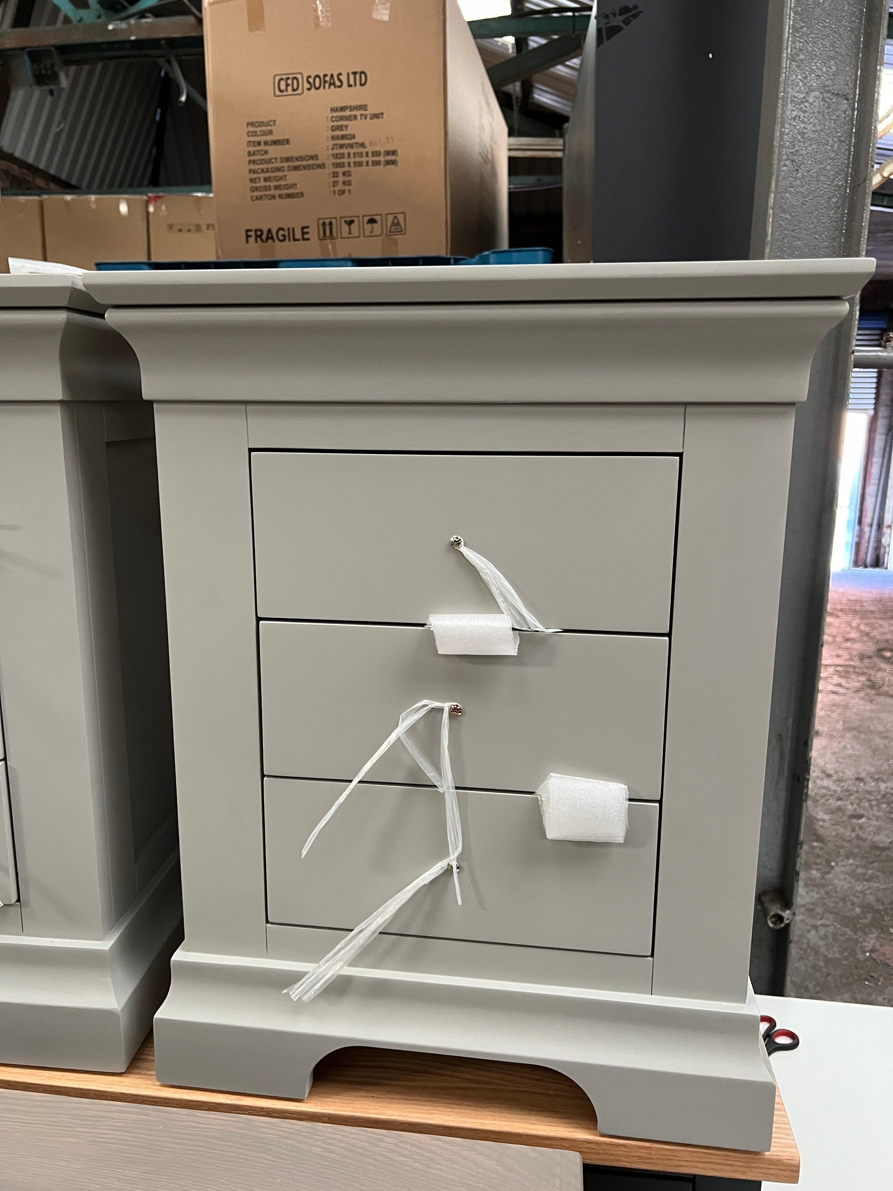 Chantilly Pebble Grey 3 Drawer Bedside Table set of 2 Quality Furniture Clearance Ltd