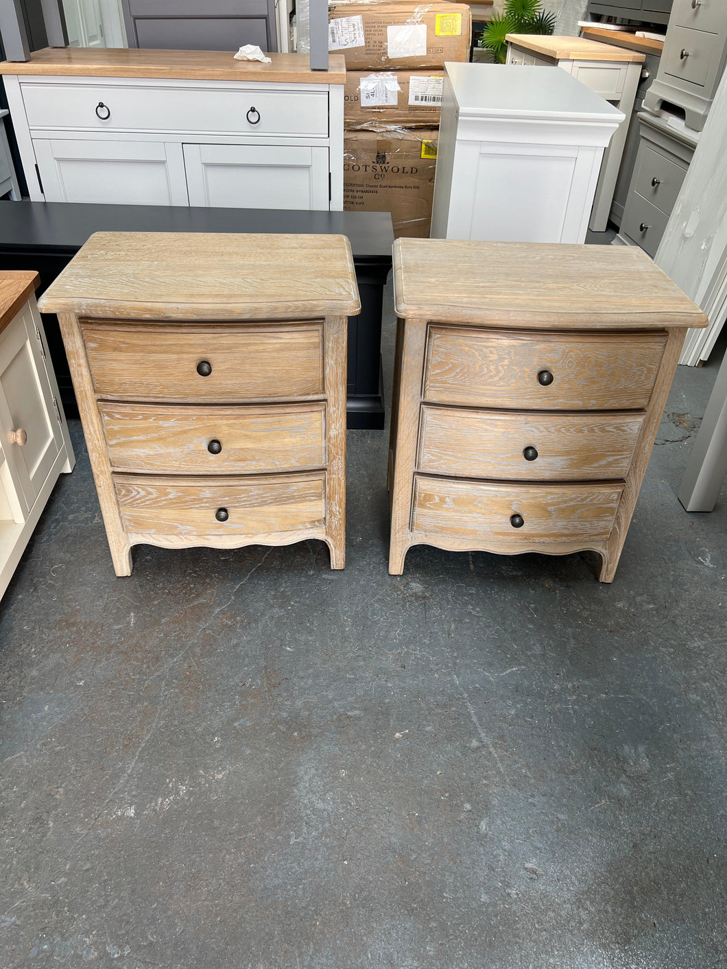 set of 2 Camille Limewash Oak 3 Drawer Bedside Tables furniture delivered 