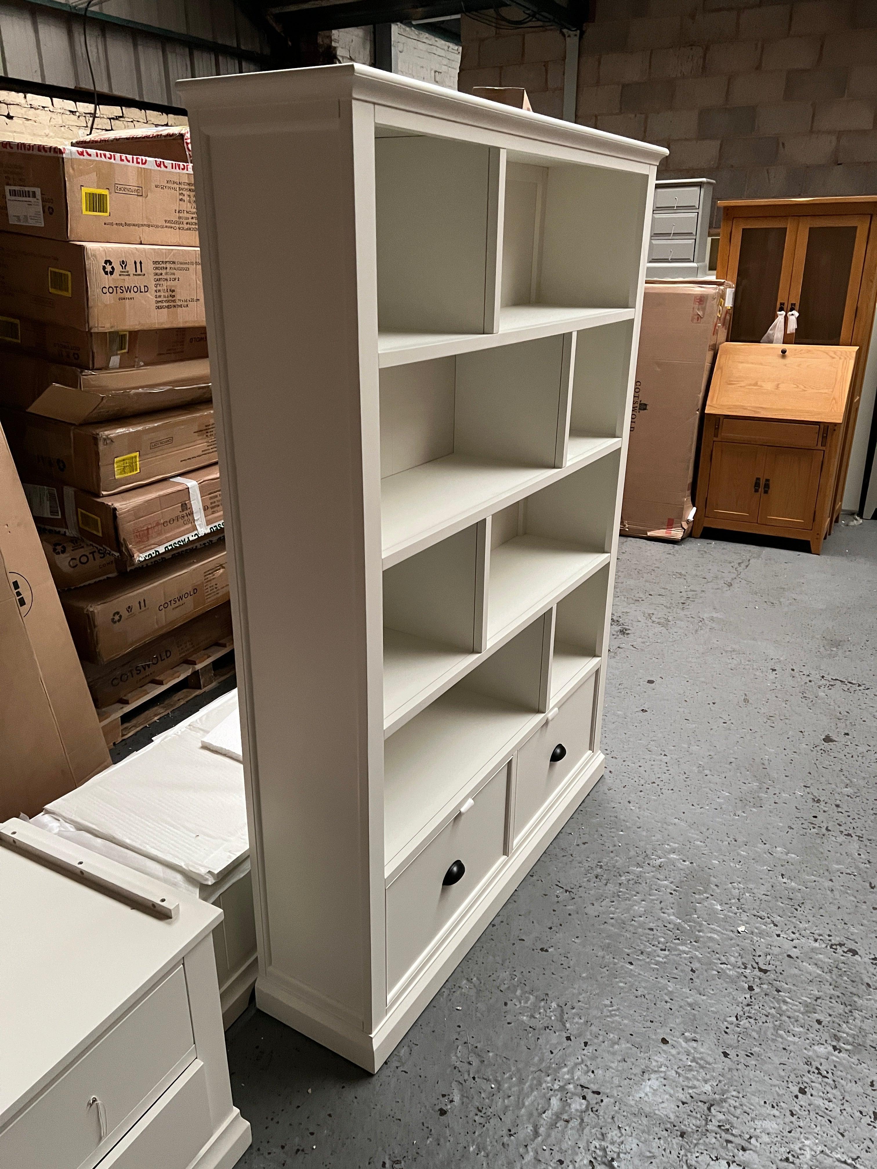 Stow Warm White Large Bookcase with Drawers Quality Furniture Clearance Ltd