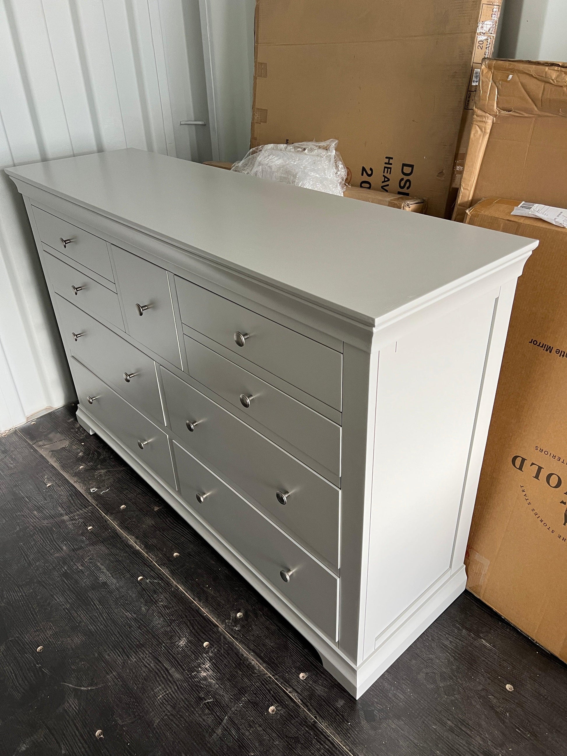 Chantilly Pebble Grey Wide 9 Drawer Chest. furniture delivered