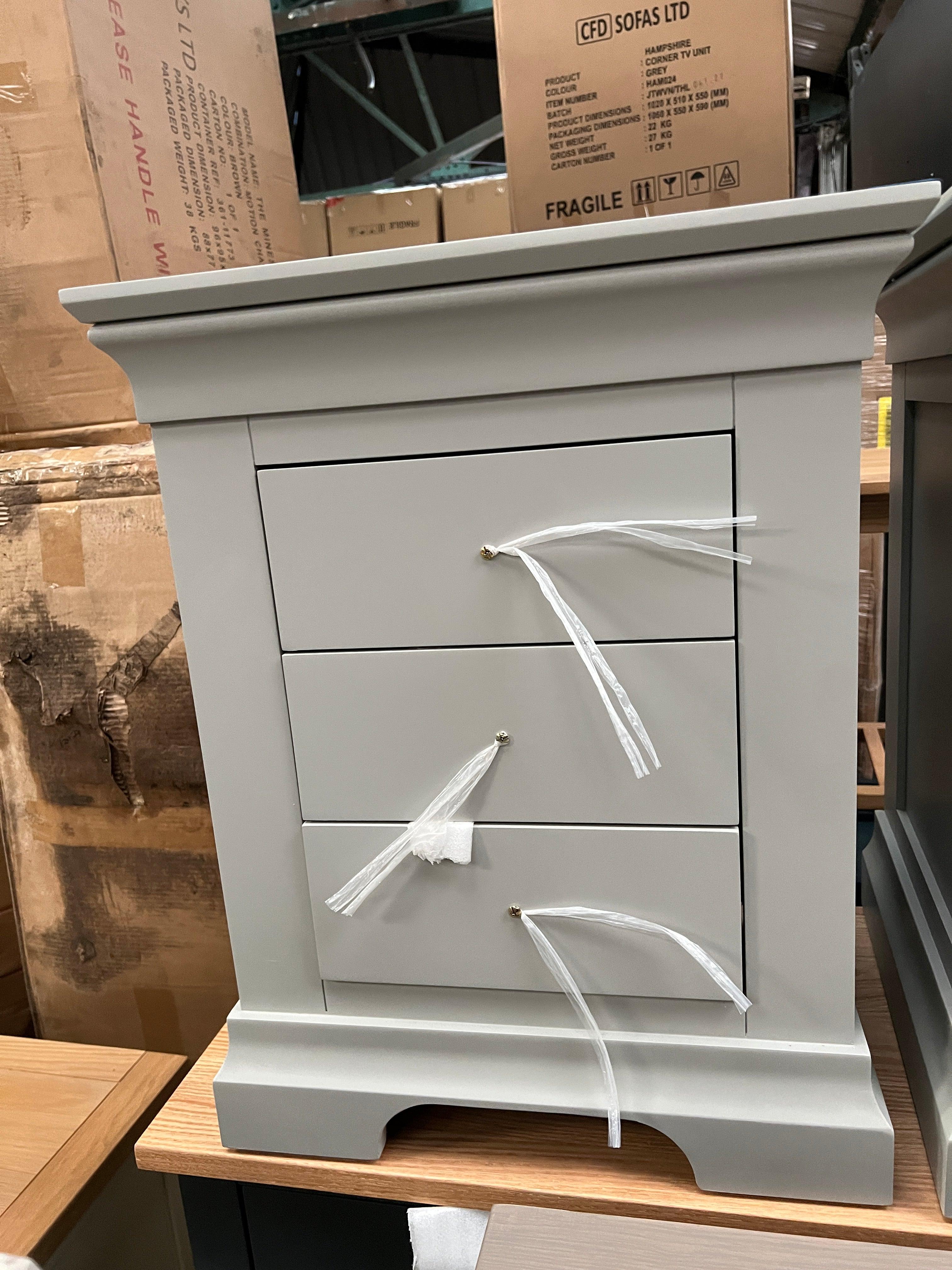 Chantilly Pebble Grey 3 Drawer Bedside Table set of 2 Quality Furniture Clearance Ltd