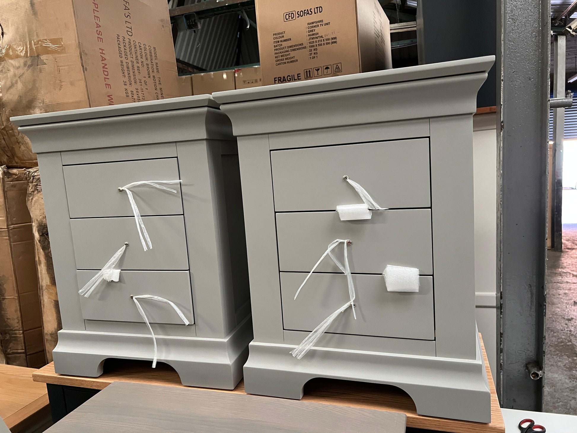 Chantilly Pebble Grey 3 Drawer Bedside Table set of 2 Quality Furniture Clearance Ltd